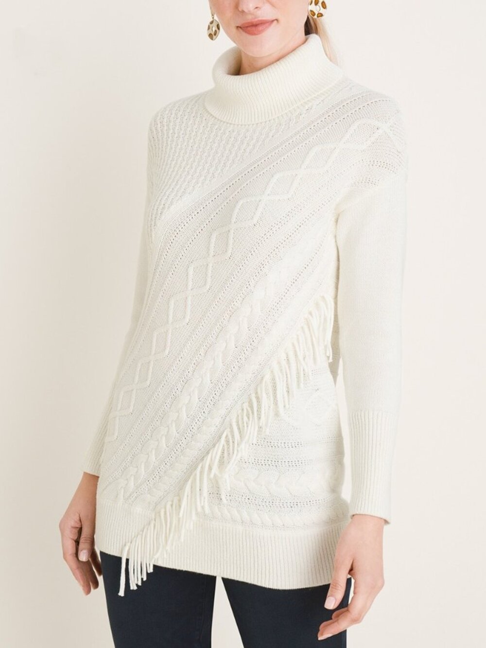 2/$30 Chico's Fringed Cable-Knit Cowl Neck Tunic Sweater Ecru Petite 8 #A4223